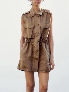 Zara Tan Safari Cargo Buttoned Mini Dress. Waist Drawstring.
